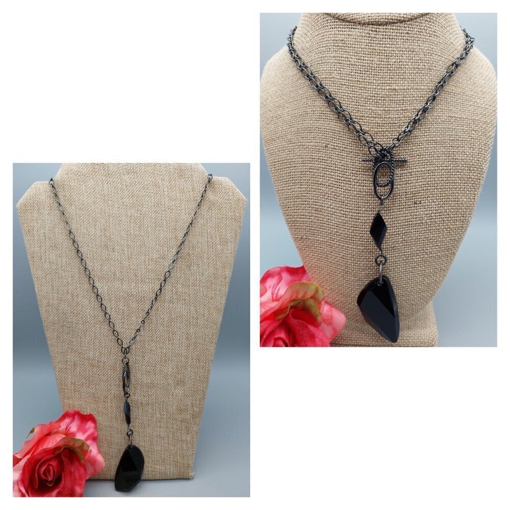 Black Gunmetal Faceted Bead Pendant Convertible Chain Necklace Choker Goth 32"